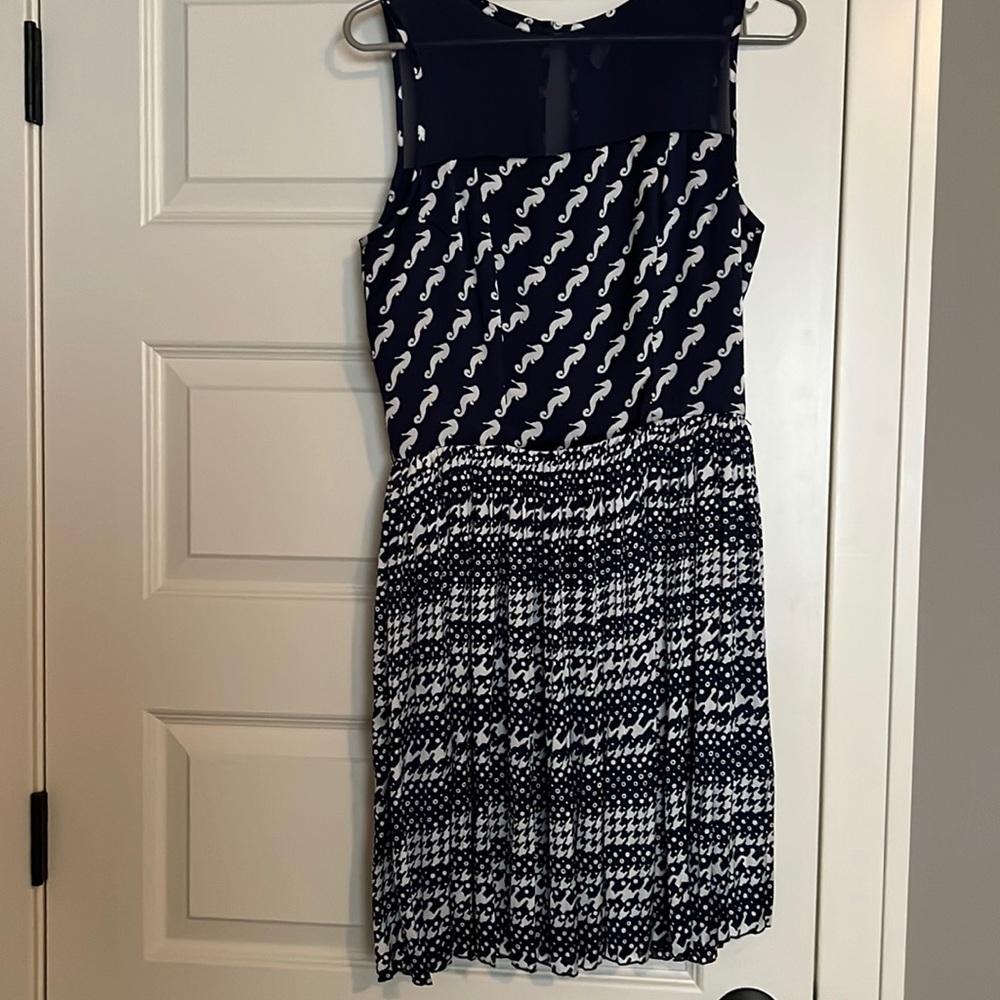 EUC pleated navy dress with seahorses